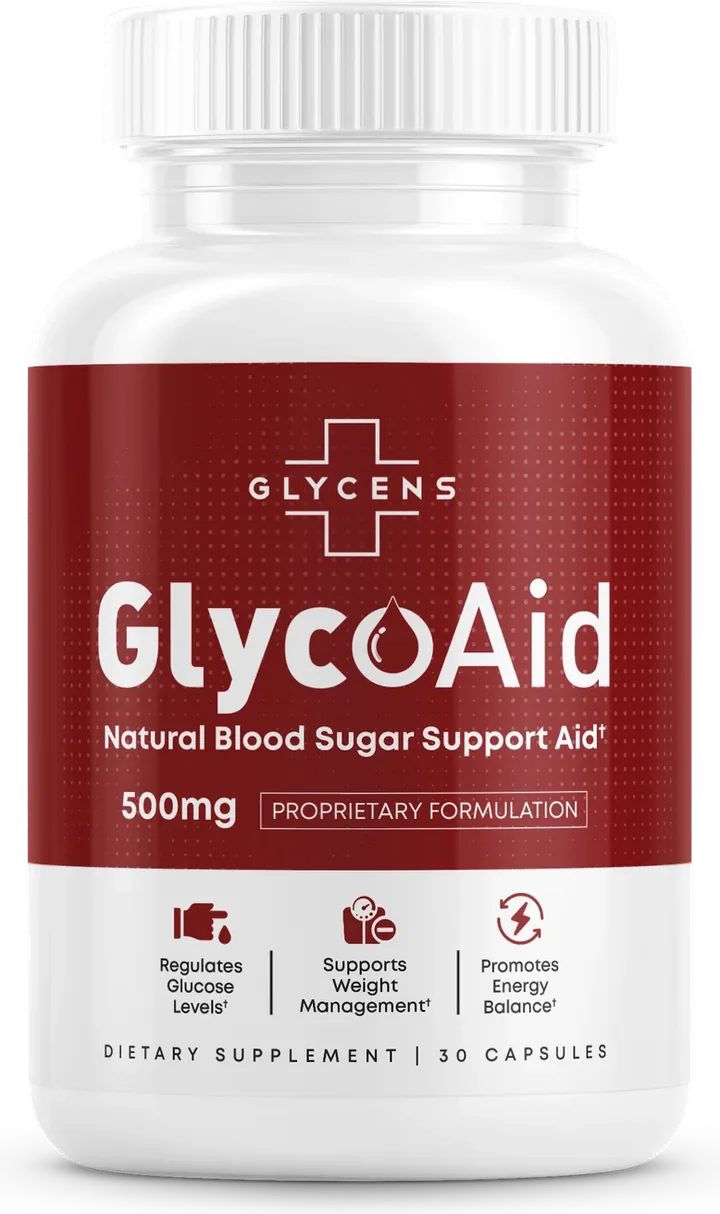 A bottle of GlycoAid natural blood sugar support capsules